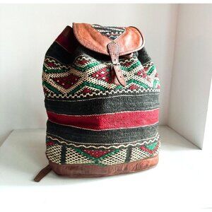 Vintage Handmade Ethnic Kilim Leather LArge Backpack